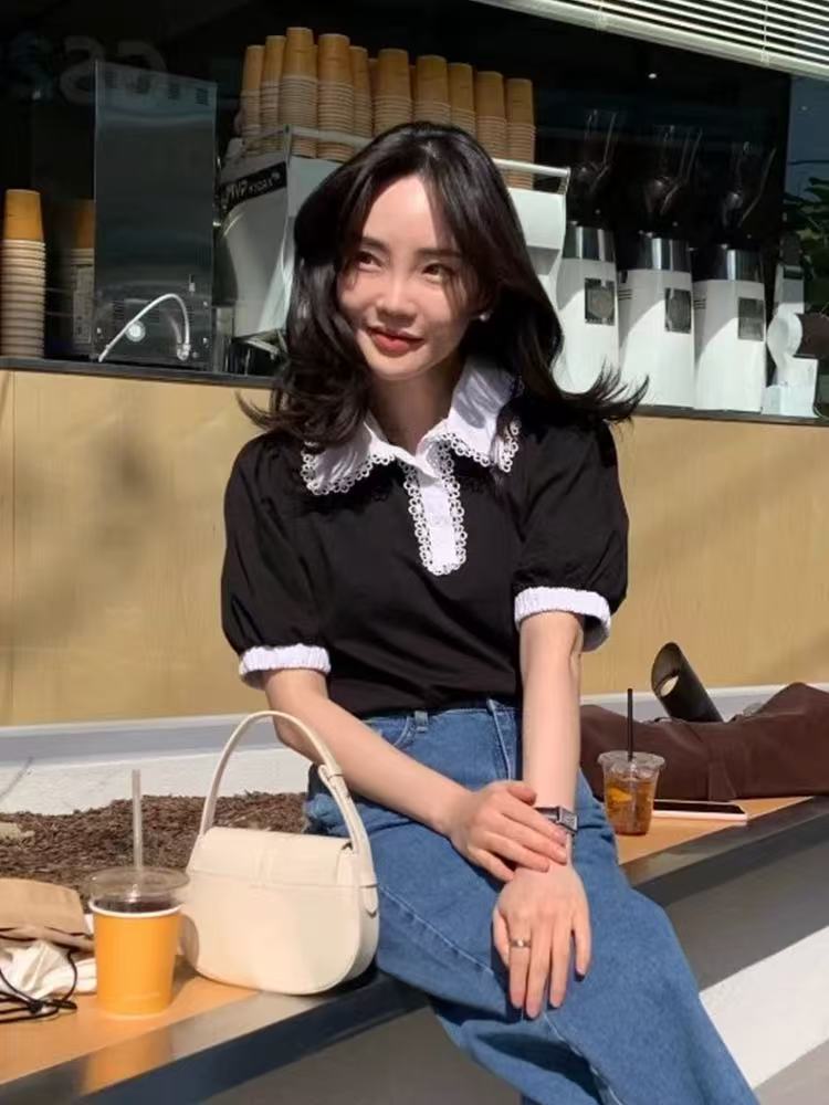 루루가−（泡泡小花）韩国东大门韩版拼接撞色花边泡泡袖T恤女夏季上衣