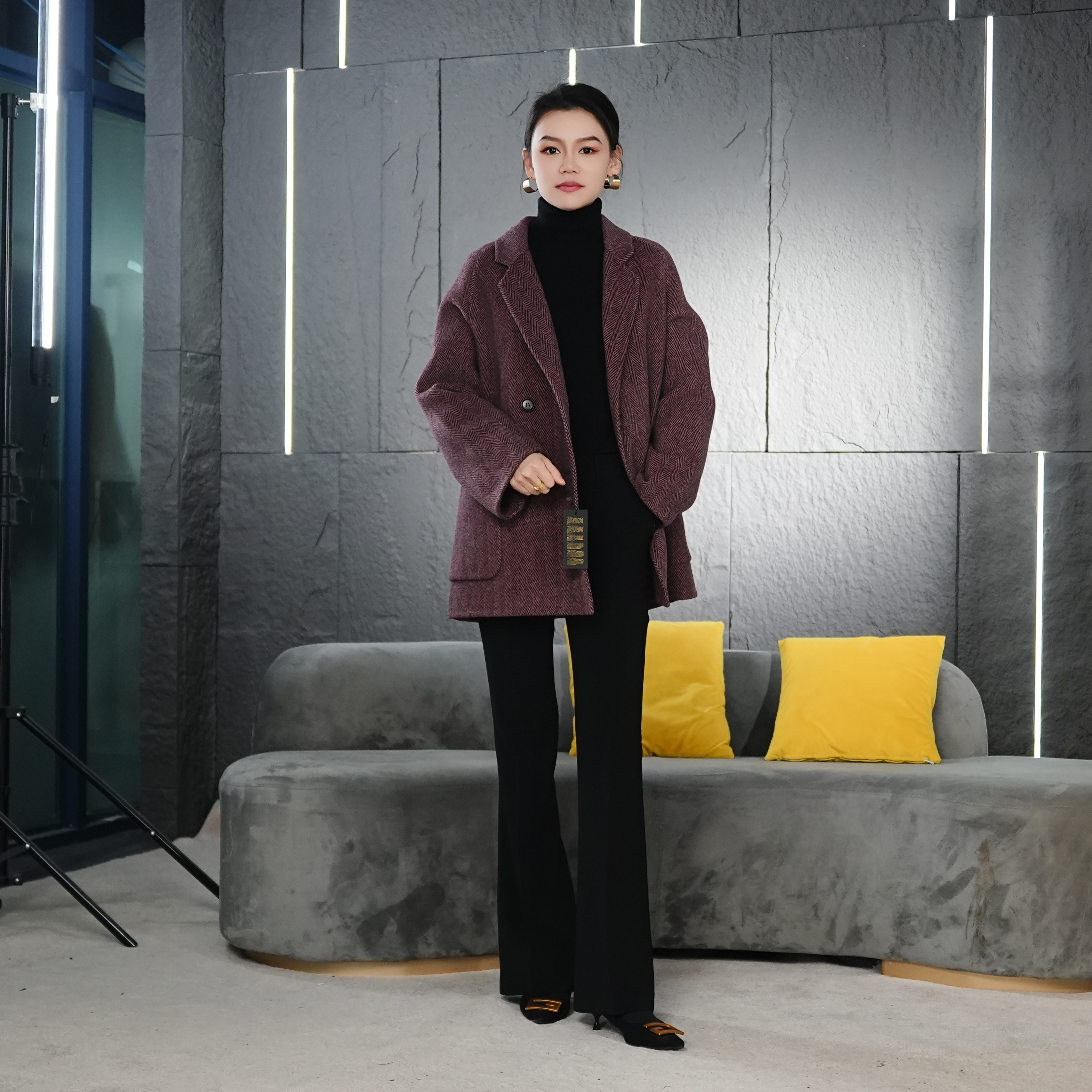 Falaibang/法莱邦Q002黑紫羊毛大衣