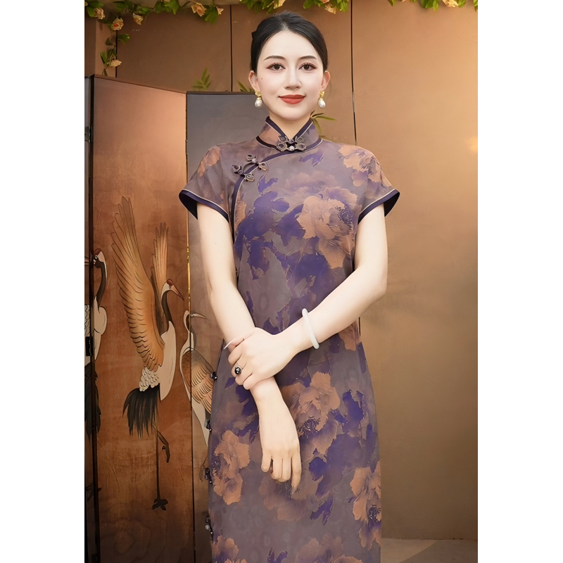 断码清仓【丁香】靓影儿原创桑蚕丝香云纱气质旗袍
