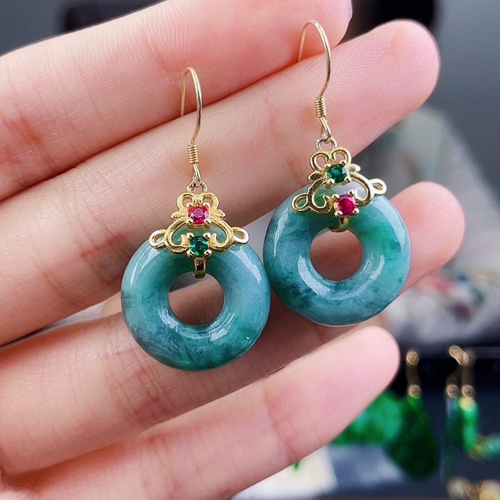 翡翠耳饰银S925镶嵌饰品