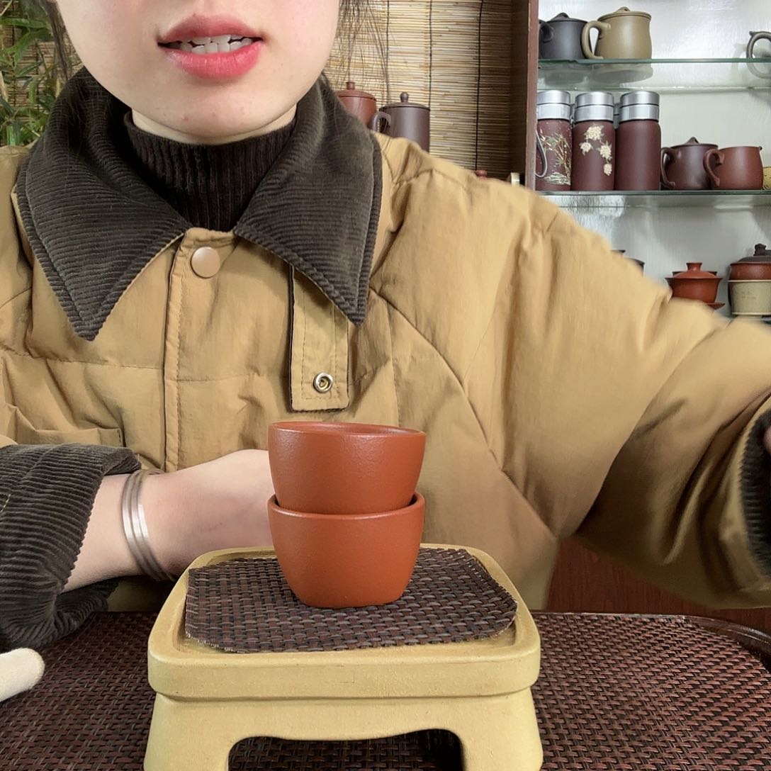 紫砂茶杯朱泥天圆地方主人杯50CC两个