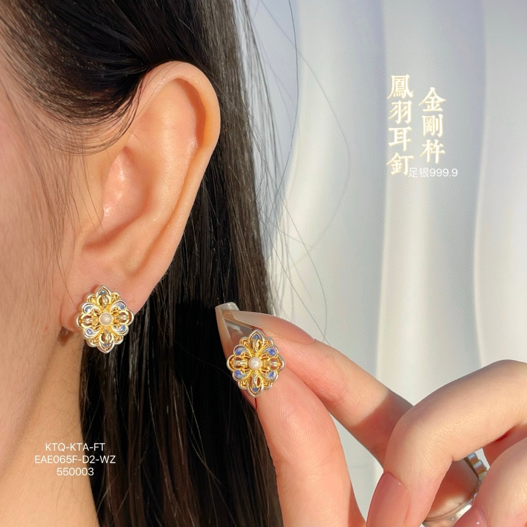 足银耳饰 凤羽耳钉足银古法描金珐琅纯银999.9吊坠女戒指