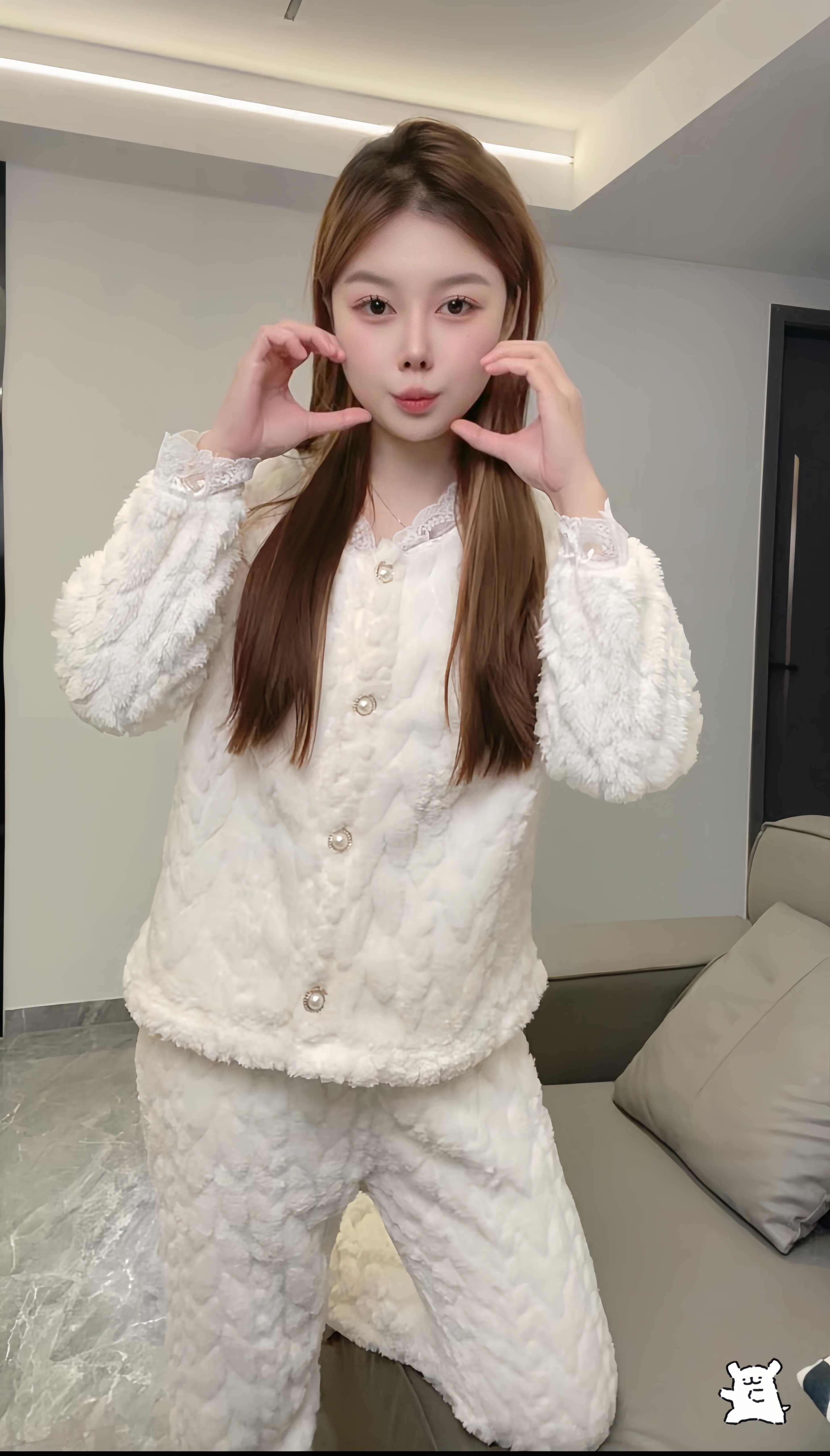 冬季甜美猫咪珊瑚绒加绒加厚保暖V领蕾丝长袖长裤可外穿家居服