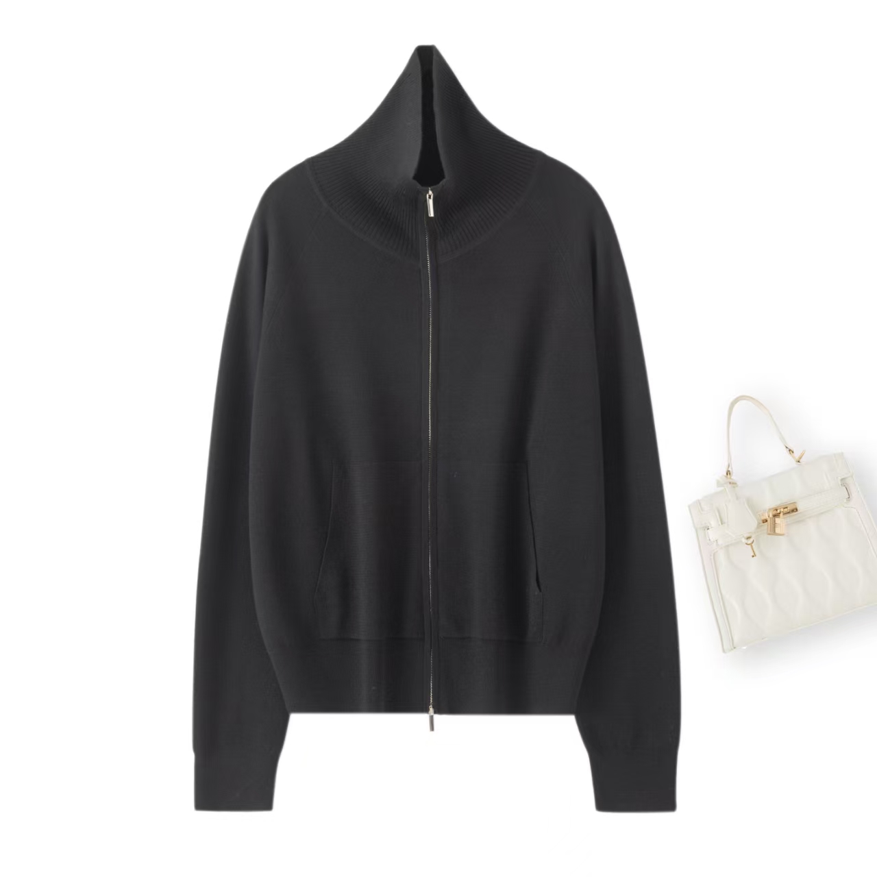 {匠心-杨子羊毛}拉链女极简风连帽短款衬衫袖卫衣开衫纯色秋季