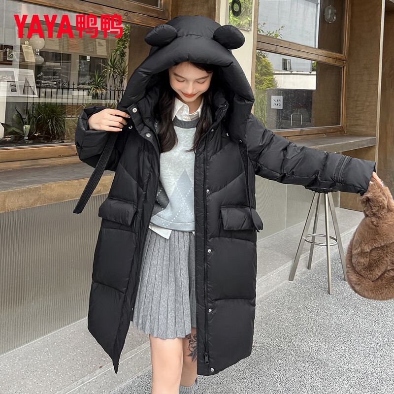 鸭鸭官方中长款羽绒服女2025冬季新款连帽时尚保暖加厚90鸭绒外套
