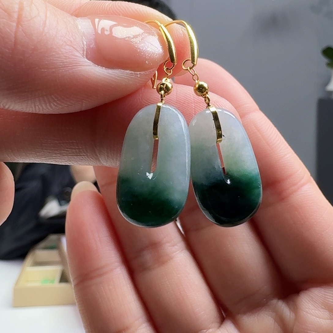 翡翠耳饰18K金镶嵌天然