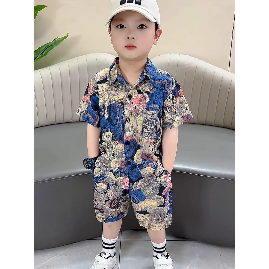 夏季男童衬衫套装新款儿童翻领上衣夏装短袖短裤套装帅气宝宝童装