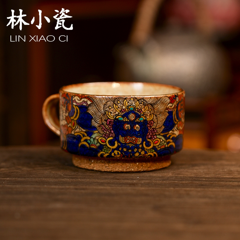 林小瓷九觉堂手绘大黑天咖啡杯带把水杯拿铁杯宽口志野柴烧杯子