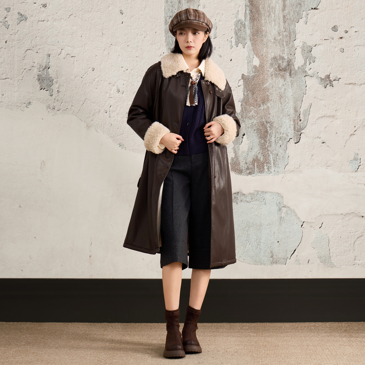 西町村屋韩系外套2025冬新款休闲感PU皮毛领上衣含包包XHAD10846