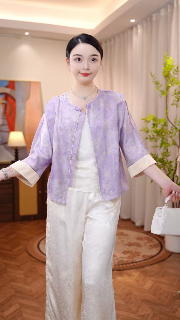 [桃花源记]国风优雅高定真丝缎女士初秋立领外套02507