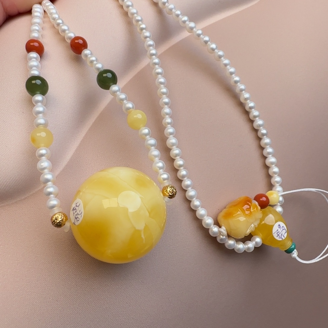 琥珀未镶嵌套链天然俄料金白妖花蜜蜡圆珠锁骨