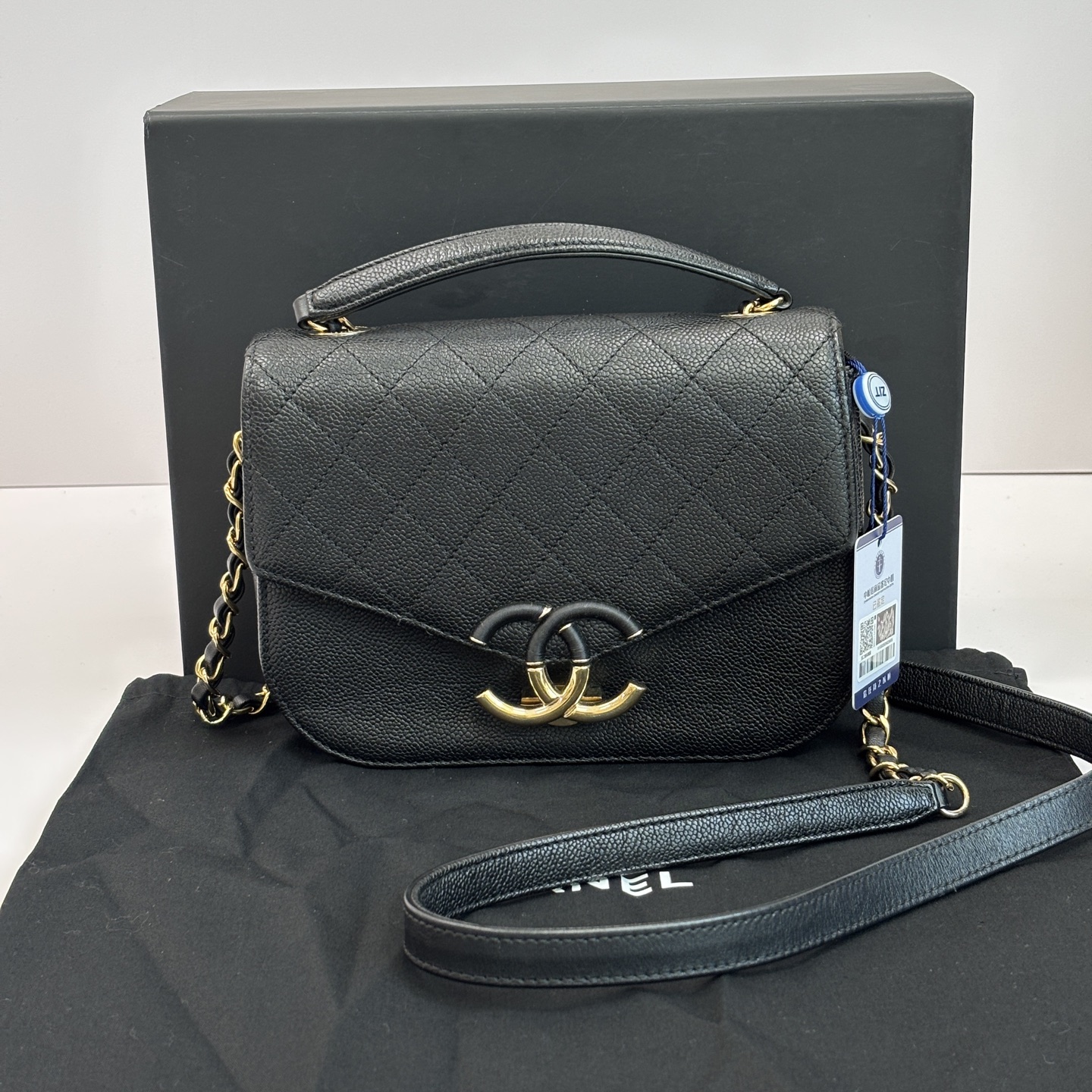 95新 Chanel/香奈儿 黑金古巴邮差单肩斜挎链条包 13144