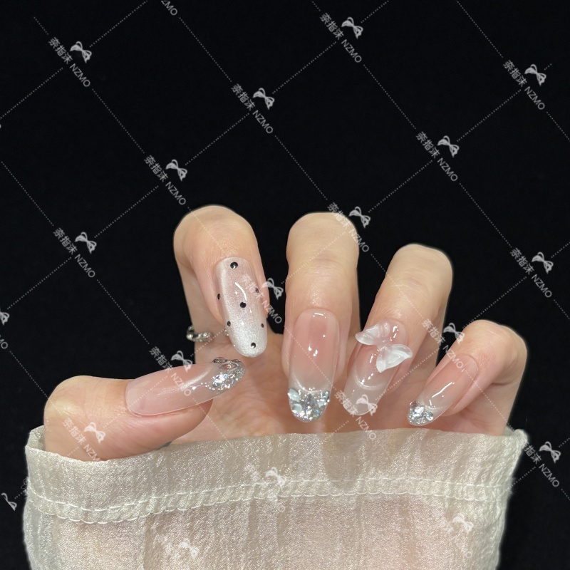 【L100】碎钻拼搭法式波点手工中长款穿戴甲