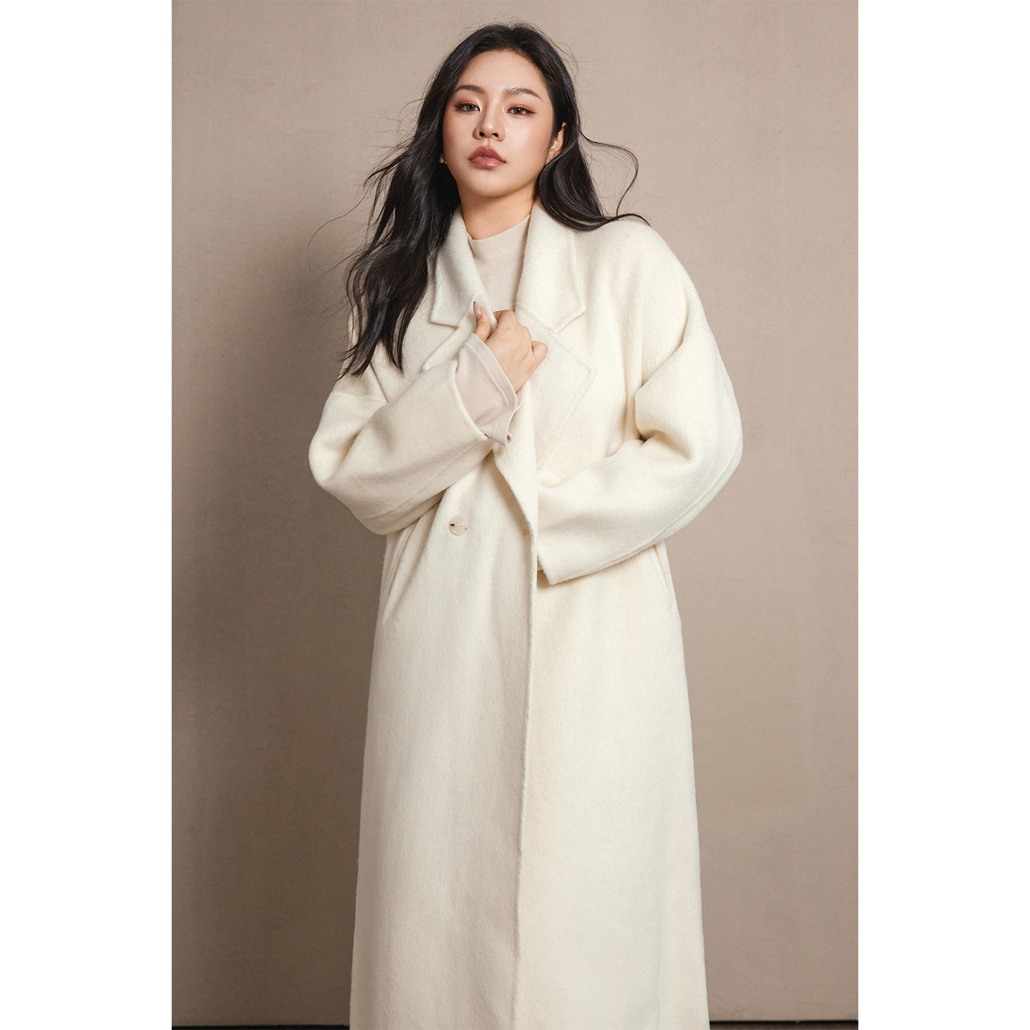 PLUSMALL 冷杉烟幕 桑蚕丝羊毛混纺长款毛呢大衣外套PM2511108