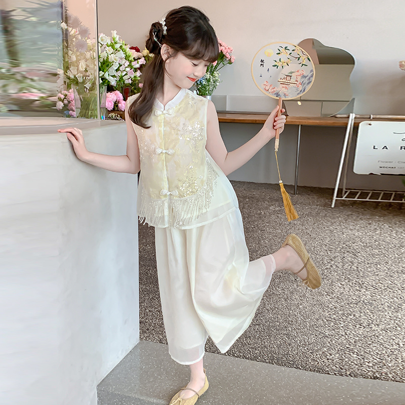 2025夏季新款女童国风汉服裤裙两件套复古中大童夏装中式裤裙套装