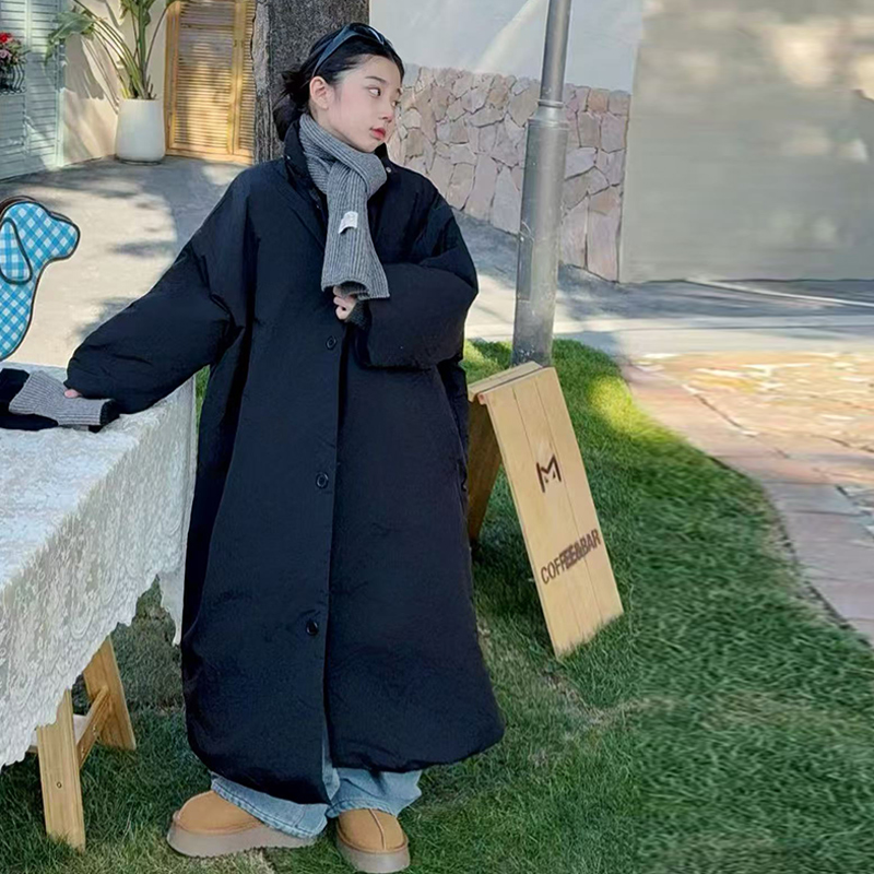 女童套装百搭宽松过膝长款加厚保暖棉服加绒牛仔阔腿裤两件套2025