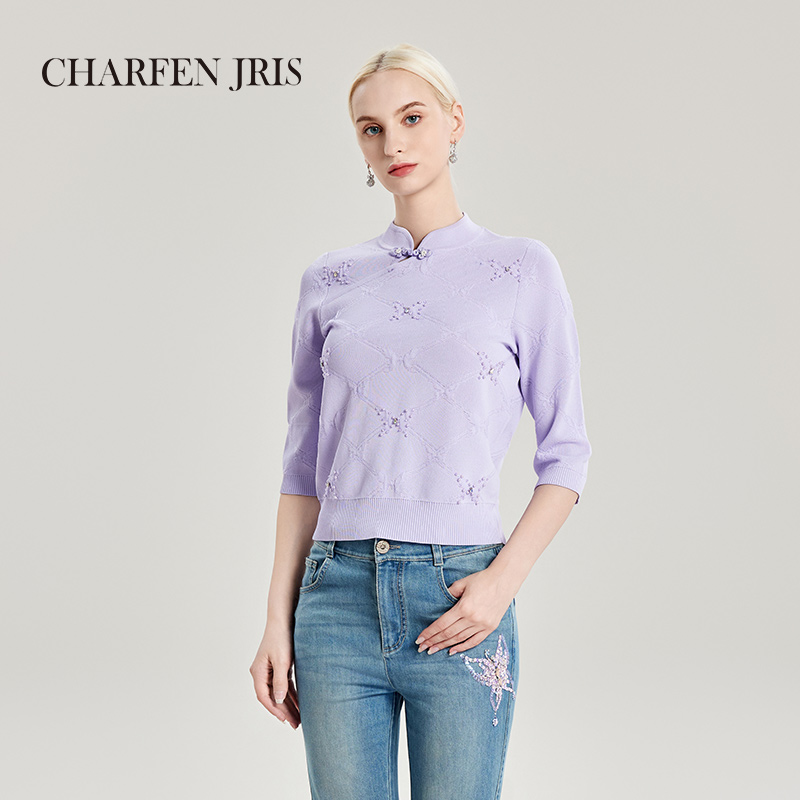 【媛媛专享】朝峰新款国风典雅立领套头毛织上衣FJE3A610-6013C