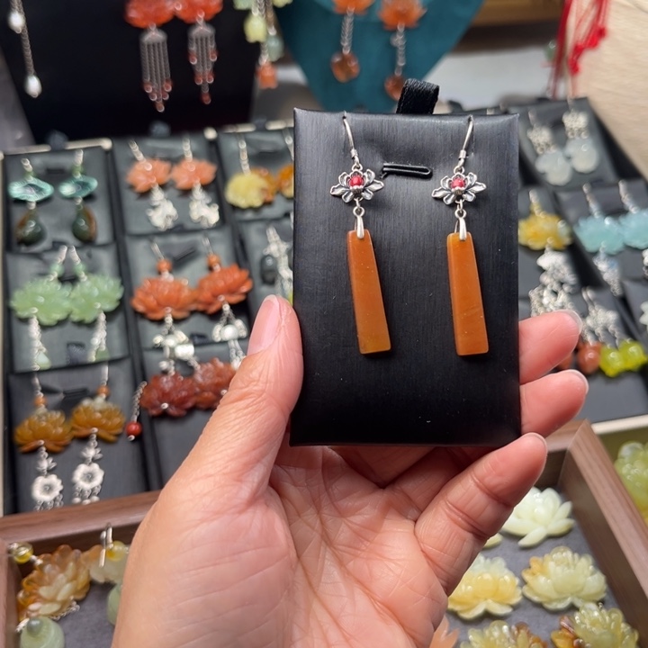 蛇纹石玉耳饰银S925镶嵌