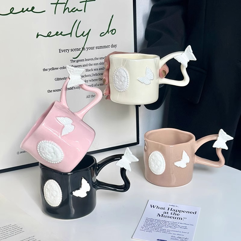 浮雕玫瑰马克杯家用陶瓷杯子高颜值小众设计女生喝水杯创意咖啡杯