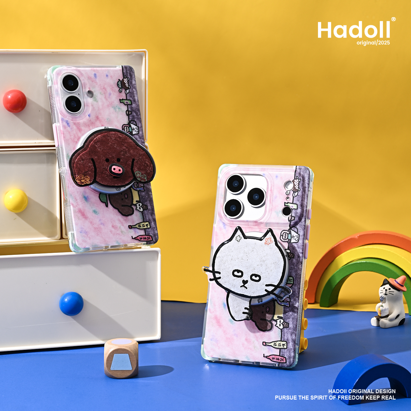 原创横板小猫小狗iPhone17promax鎏金磨砂磁吸手机壳小众可爱插画