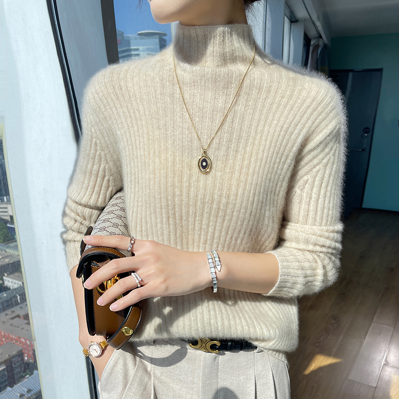 姹女妆梳艳~秋冬新款坑条套头半高领女休闲时尚百搭长袖羊毛衫