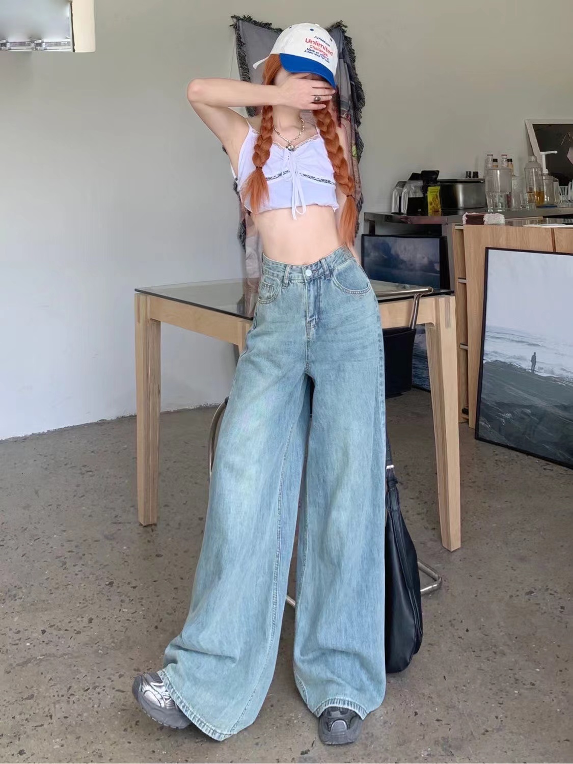 蓝A 牛仔裤2025年女新款柠檬直筒宽松破洞夏季百搭显瘦