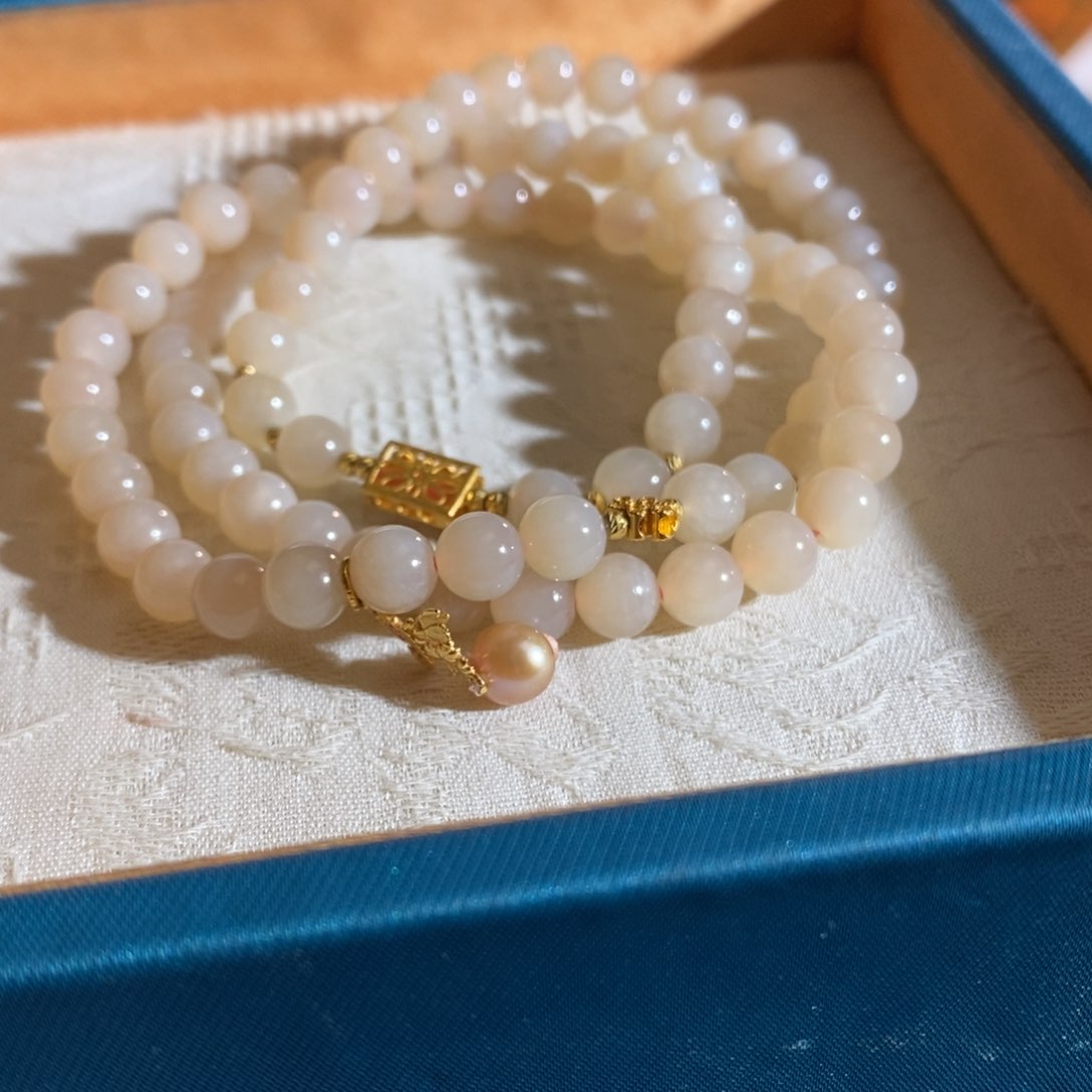 和田玉手串18K金镶嵌