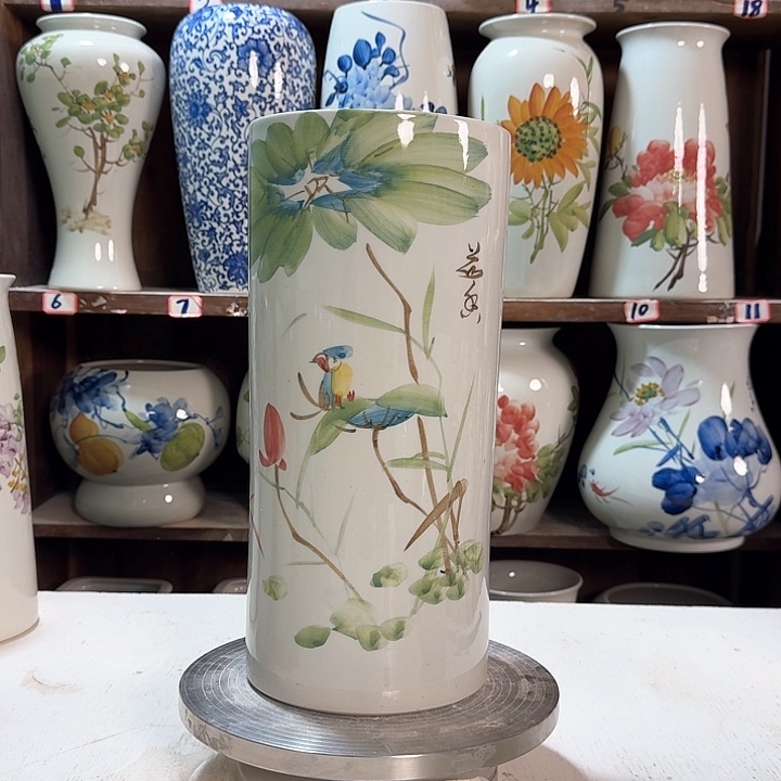 瓶直筒荷花鸟陶瓷