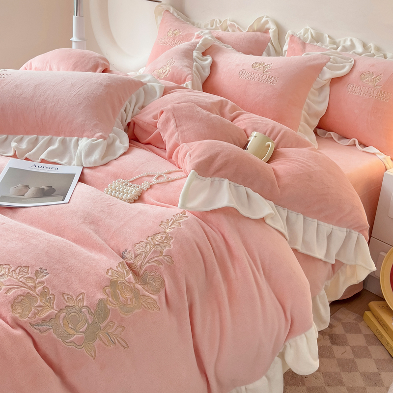 【晴美】轻法式花边款牛奶绒刺绣四件套-蔷薇全系列