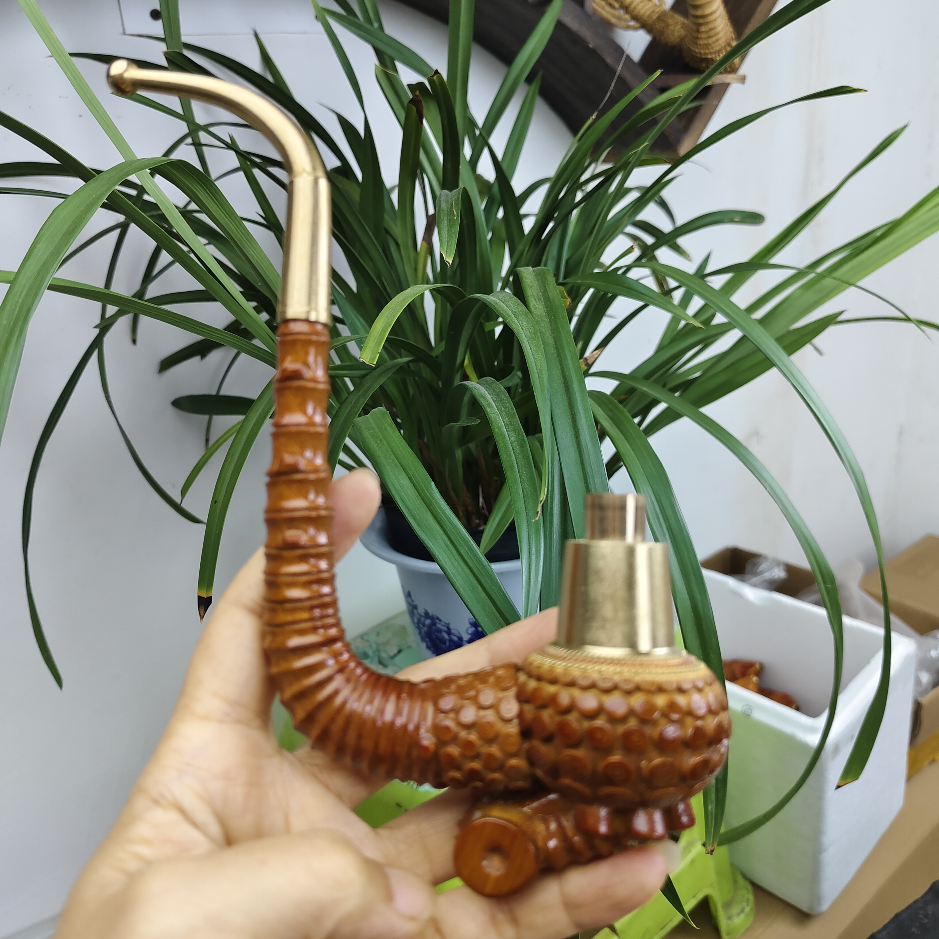 贵州民间竹根制作一弯包铜火口竹子雕刻密接杆精致