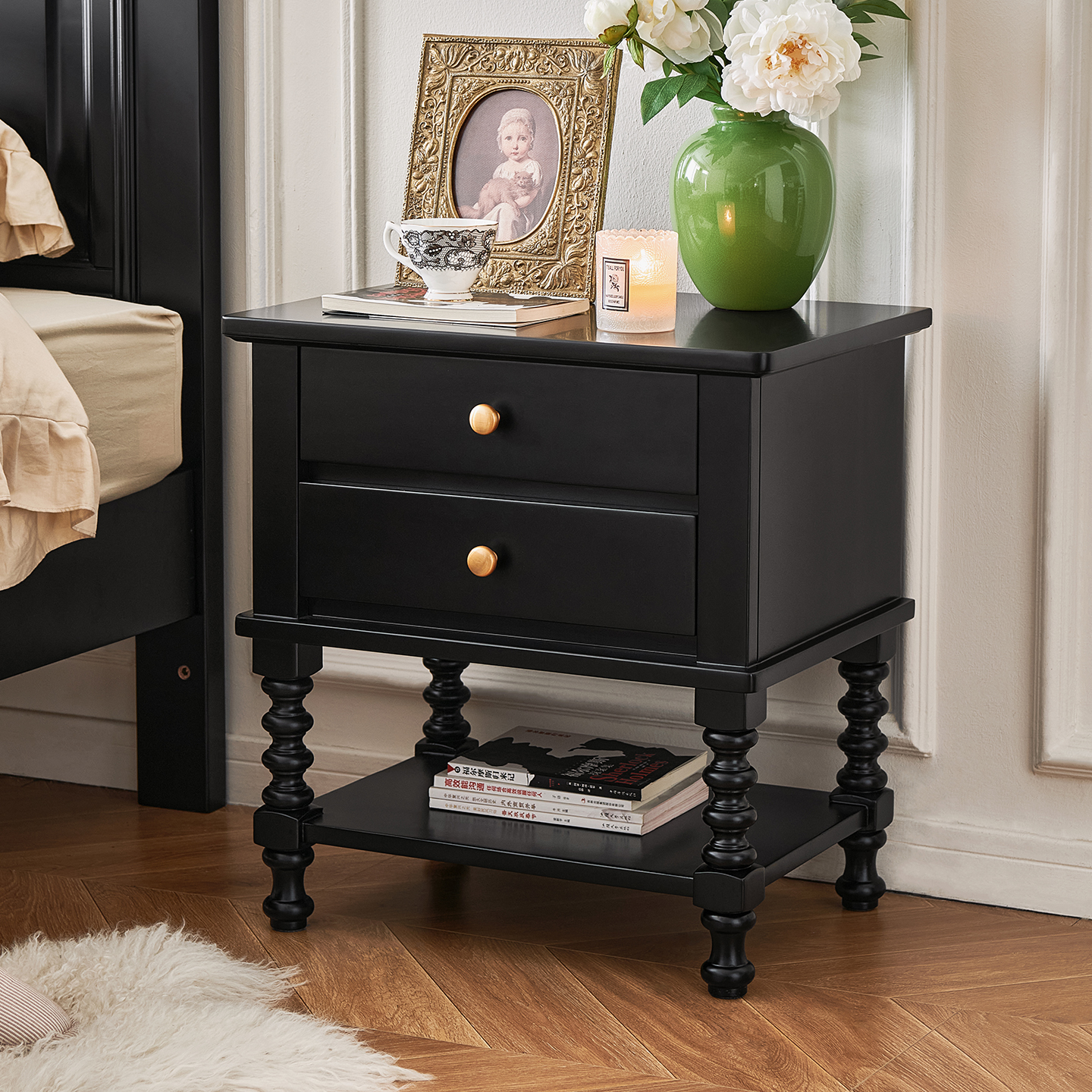 法式实木床头柜全实木核桃木黑色家用卧室双抽床边储物柜2025新款