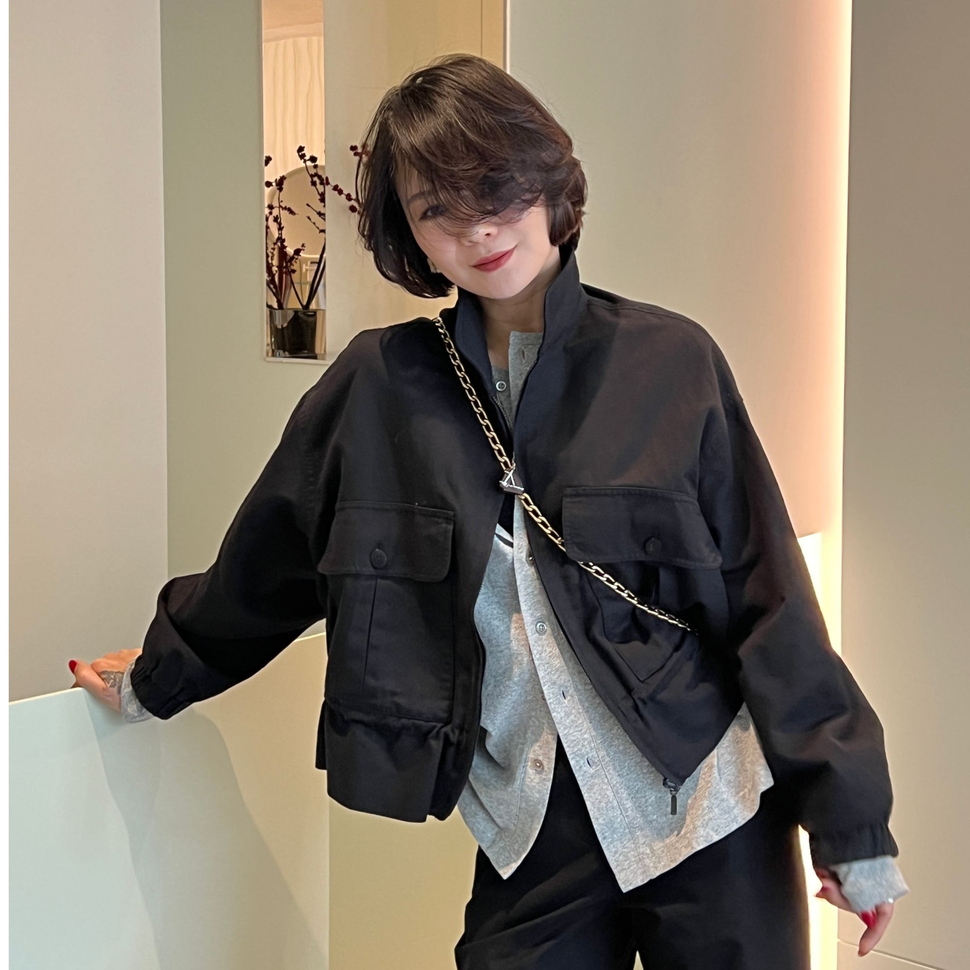 SHIIEELL现货 黑色老钱休闲风棉麻肌理感洋气百搭大口袋外套Z2342