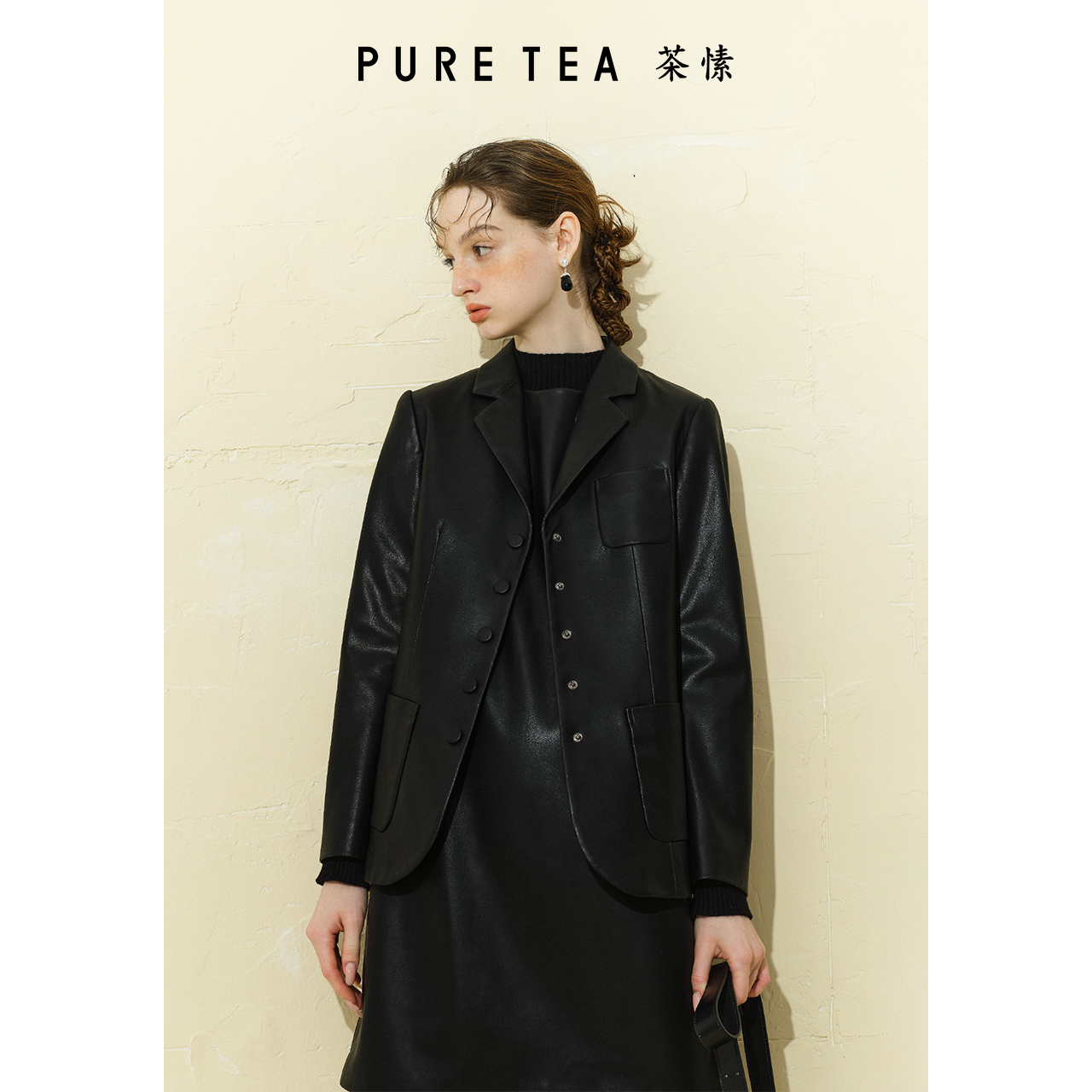 【商场同款】茶愫雾面光感PU皮外套女西装领上衣冬新TH2001C41