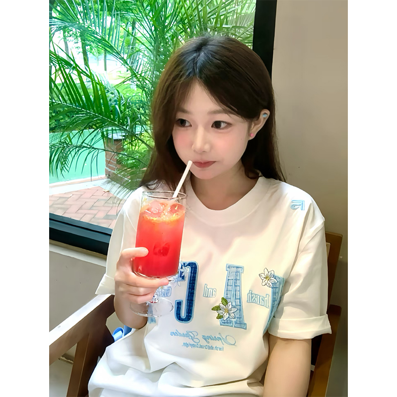 美式复古花卉刺绣字母短袖t恤女新款oversize宽松显瘦半袖ins上衣