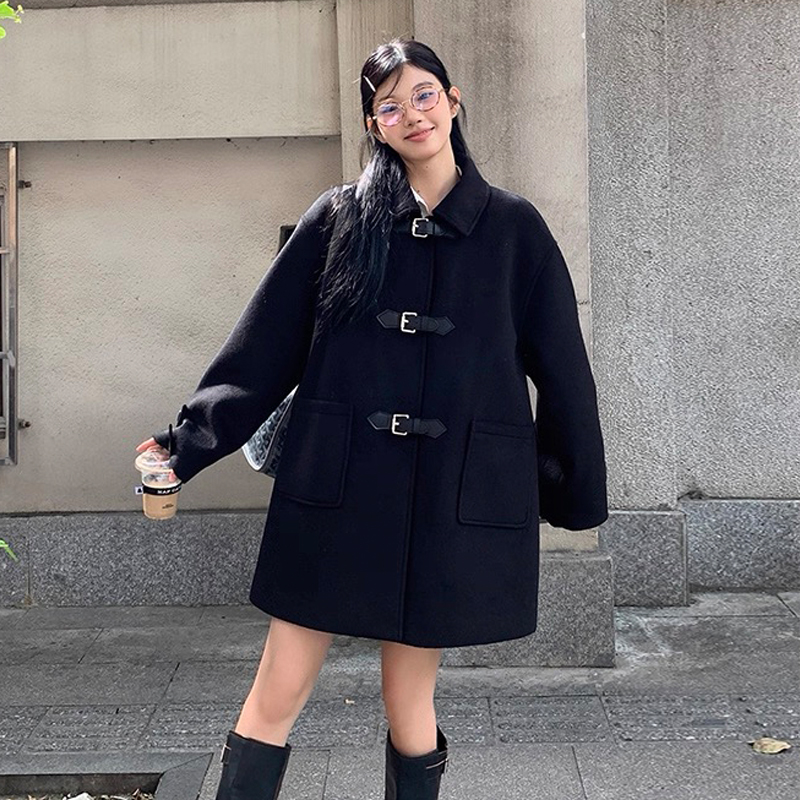 【25151】pu皮扣中长款大码毛呢外套女胖mm夹棉呢子大衣
