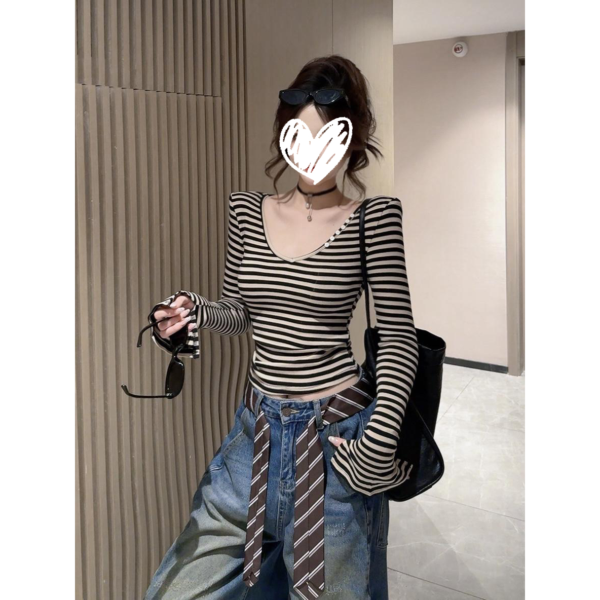 纯欲风V领长袖T恤女2025早秋新款韩版设计打底衫女款内搭女打底衫