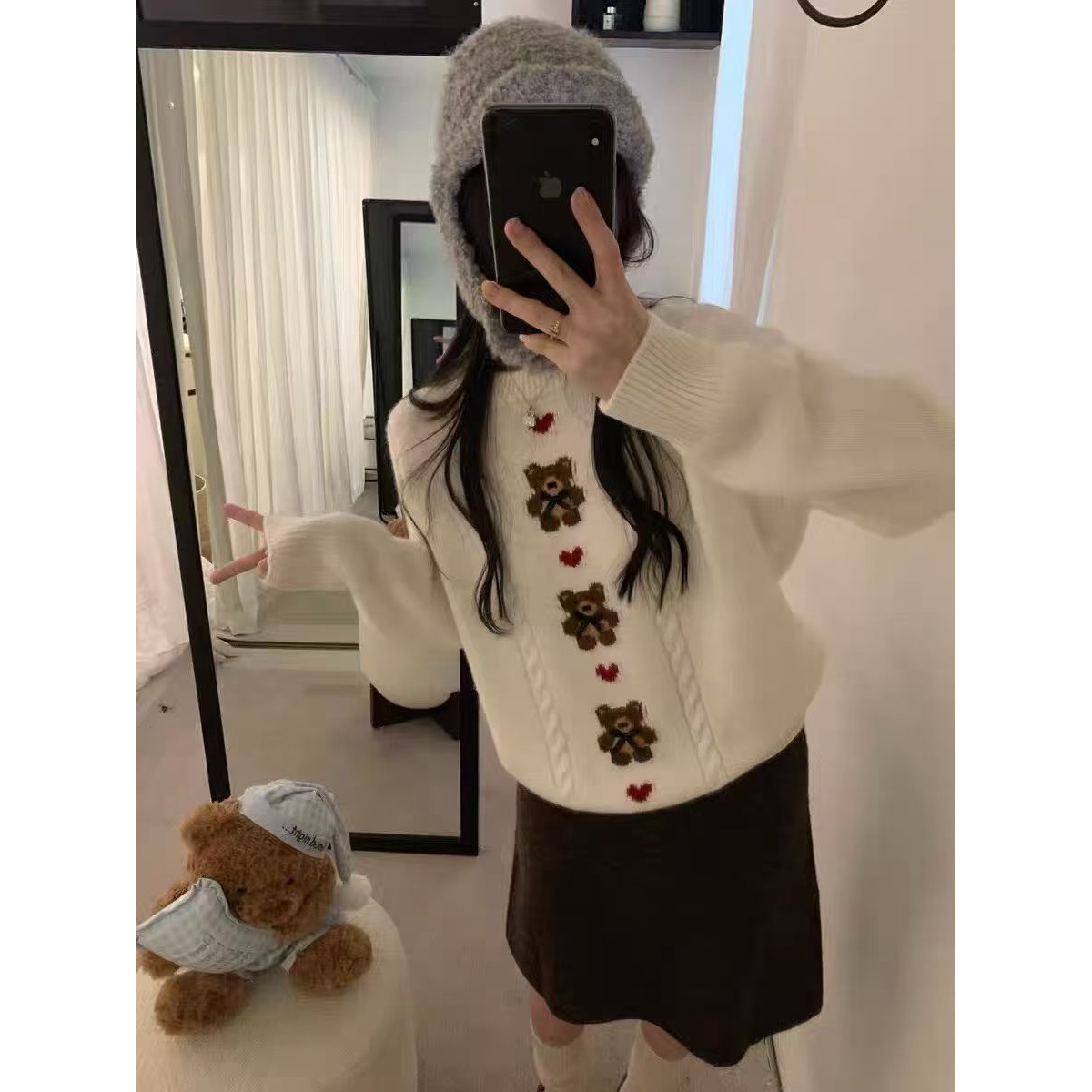YYZZ 25384韩系圆领立体小熊爱心提花软糯针织衫百搭宽松套头毛衣