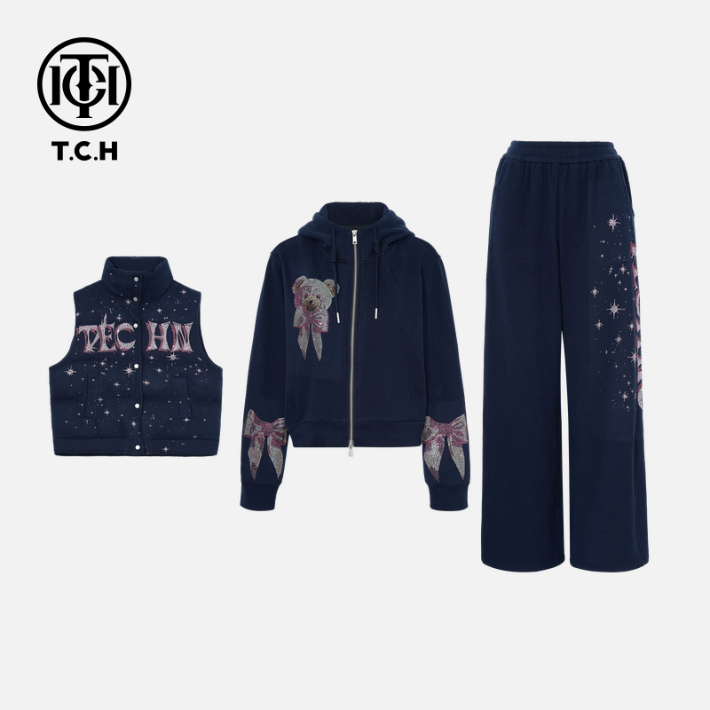 TCH【冬季新款】冬款懒人穿搭时尚烫钻淑女藏青套装T75D07E1003