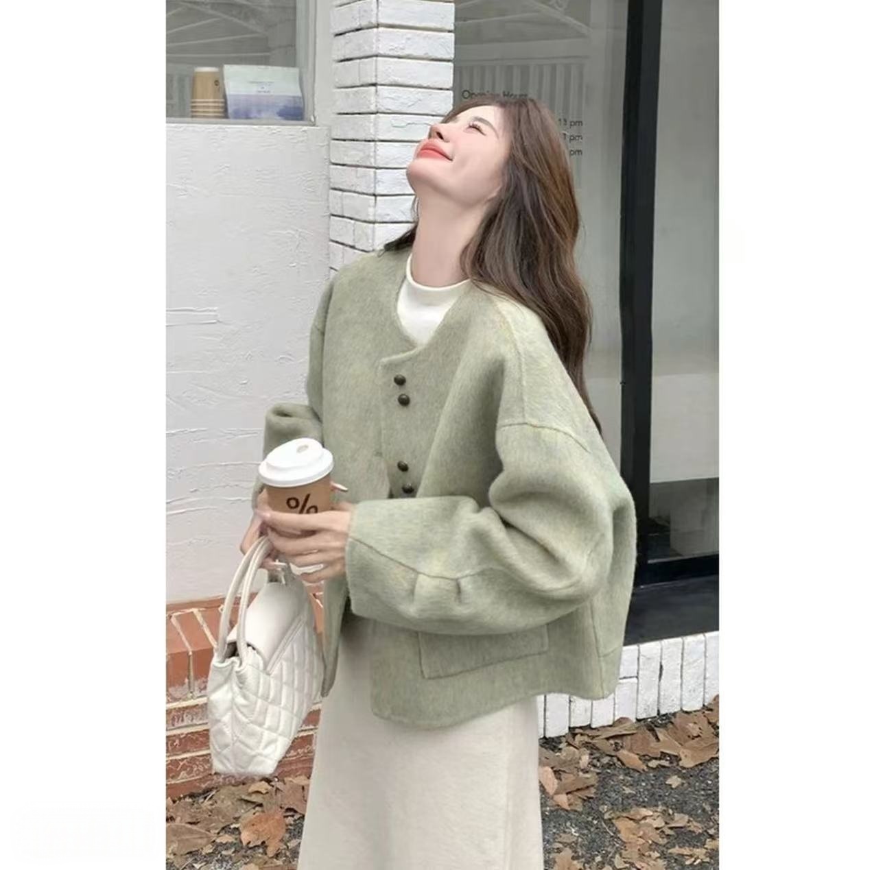 双面呢时尚韩系手工大衣短款大方外套百搭小个子