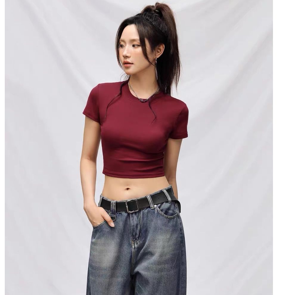 露腰辣妹正肩短袖t恤女夏夏季漏腰修身高腰露脐紧身短款上衣显瘦