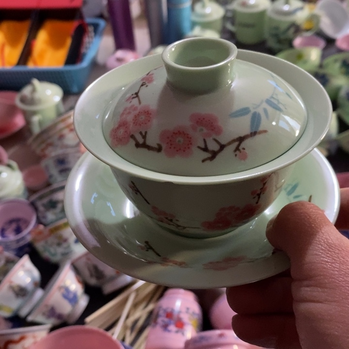 摆件陶绿稀土翠竹三才盖碗