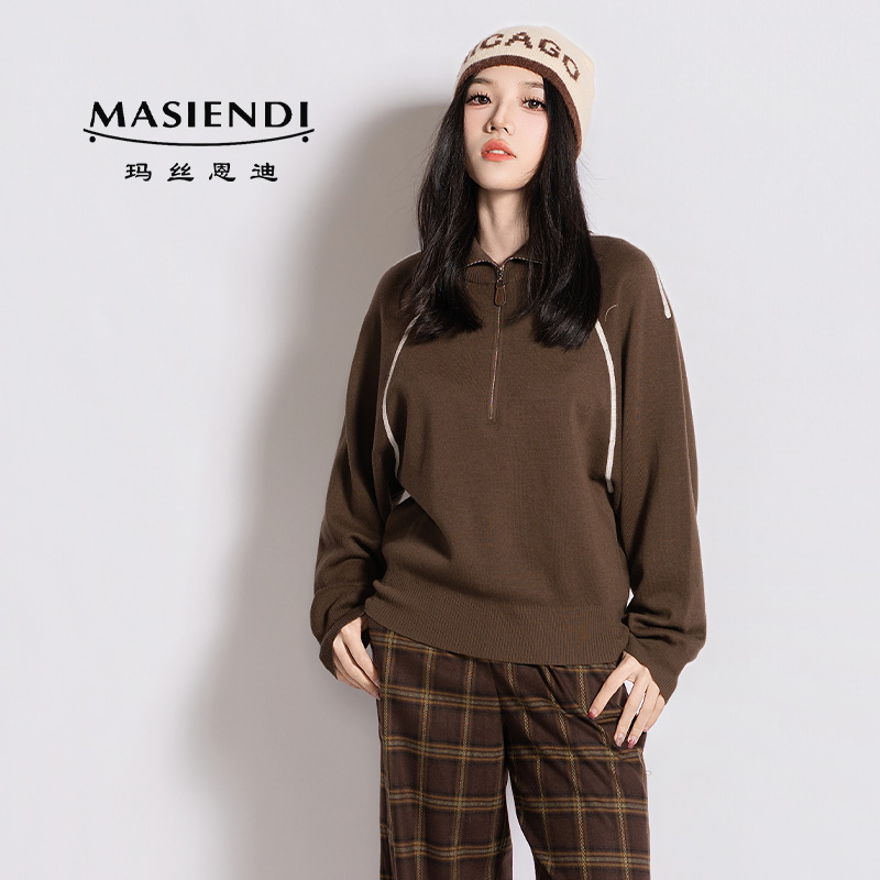 MASIENDI/玛丝恩迪 新款淑女风含绵羊毛宽松翻领毛衣针织衫74026