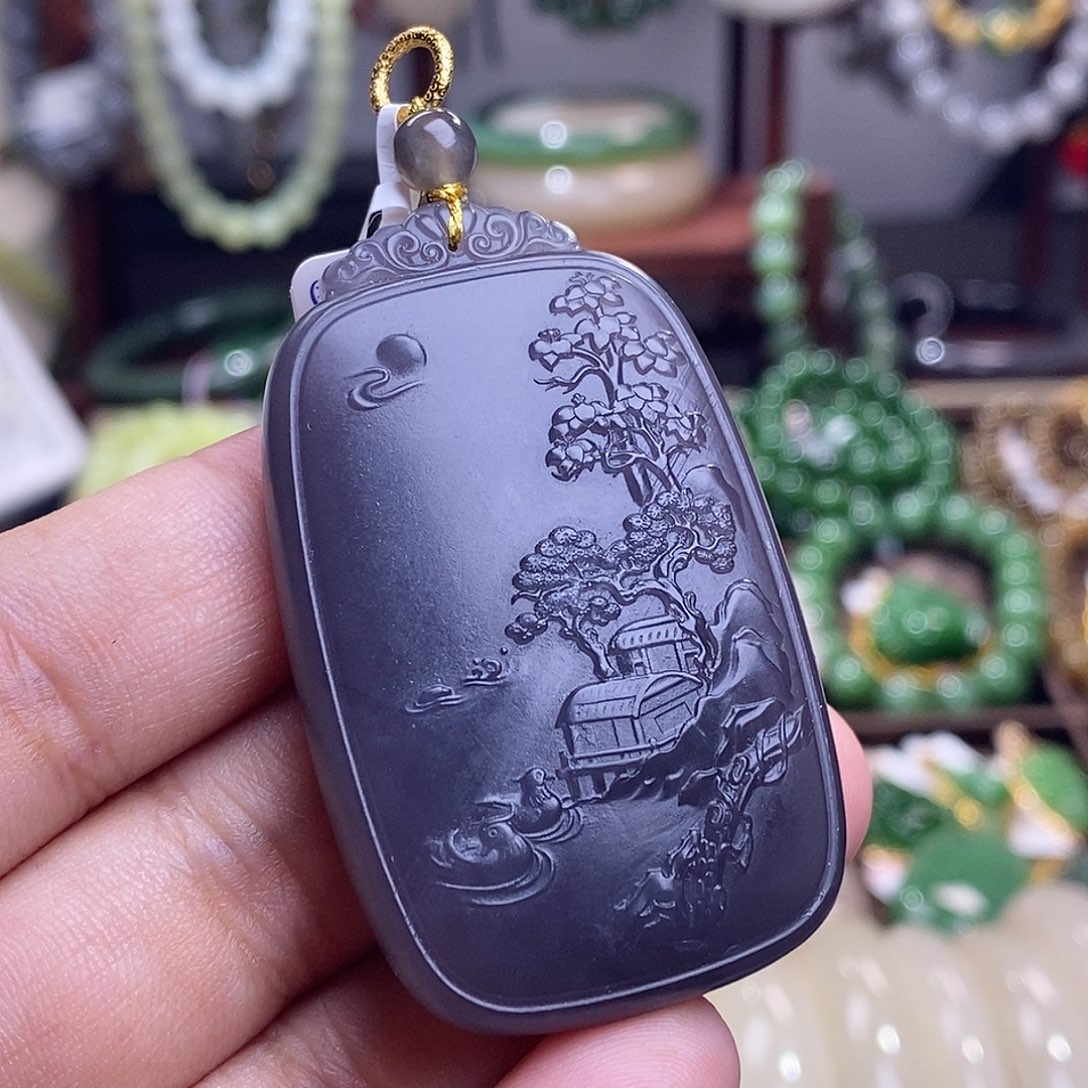 和田玉收藏级老矿料烟紫高冰帝王紫山水牌吊坠未镶嵌