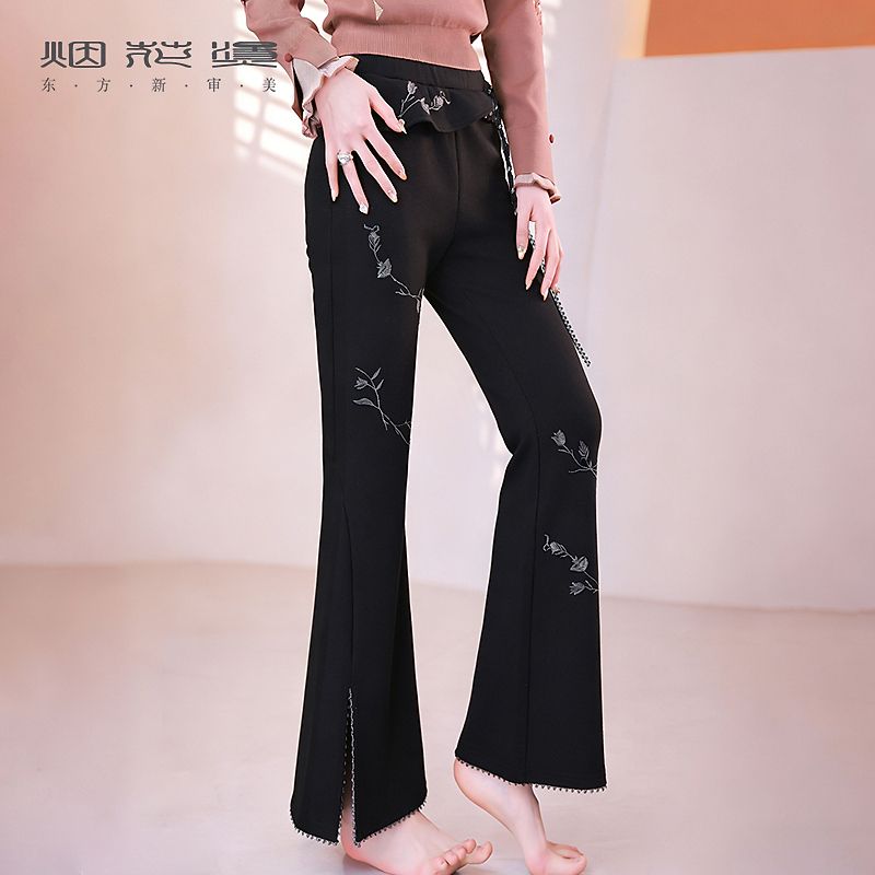 烟花烫黑色刺绣加绒阔腿微喇裤女 2025冬季新款小个子休闲裤 枫萍