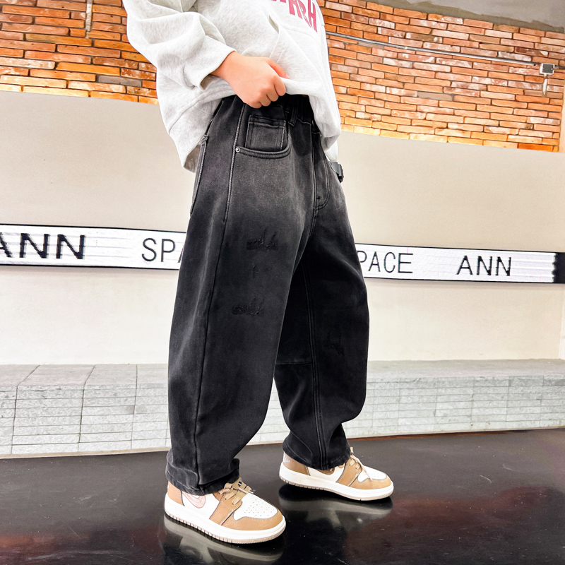 男童冬季直筒宽松牛仔裤新款儿童渐变加绒裤子