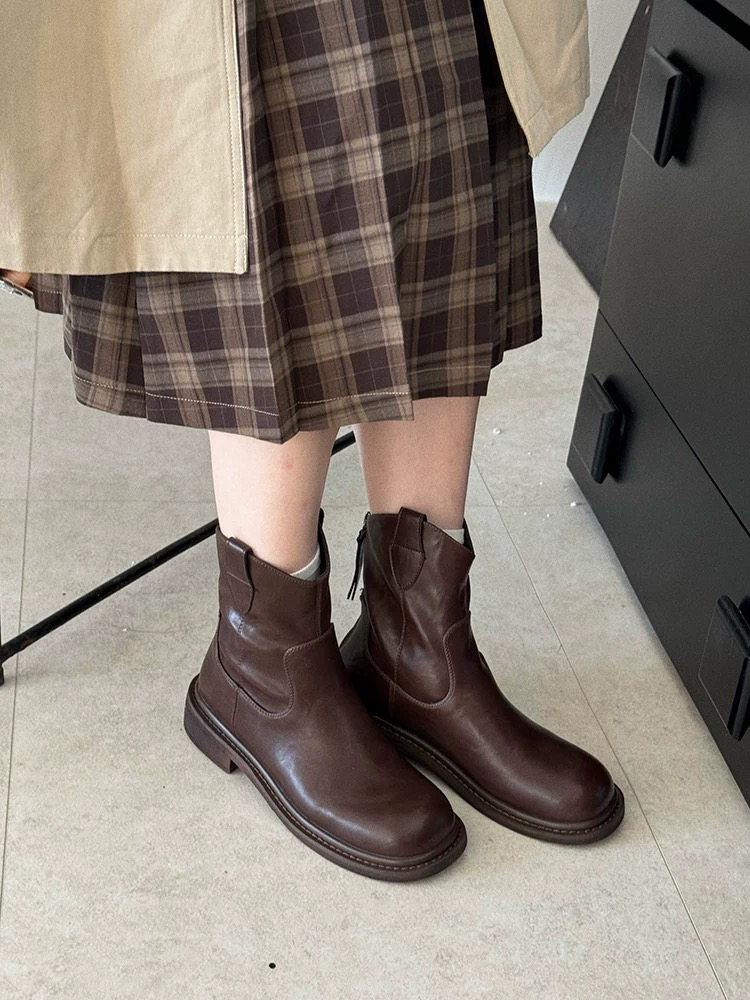 瘦瘦靴2025新款复古时尚加绒马丁靴后拉链粗跟短靴