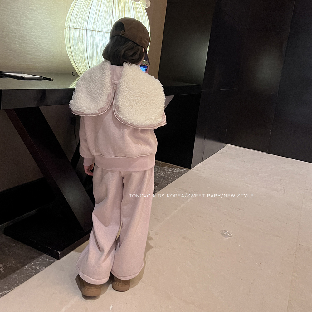 潼小乖定制2025秋冬新款加厚羊羔绒套装毛球外套上衣+裤子5q117