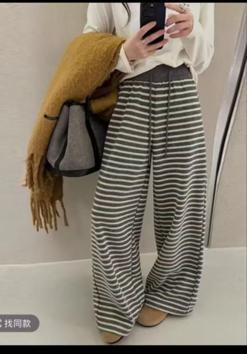 撞色条纹阔腿裤女2025春季宽松慵懒感休闲裤高腰垂感显瘦拖地长裤