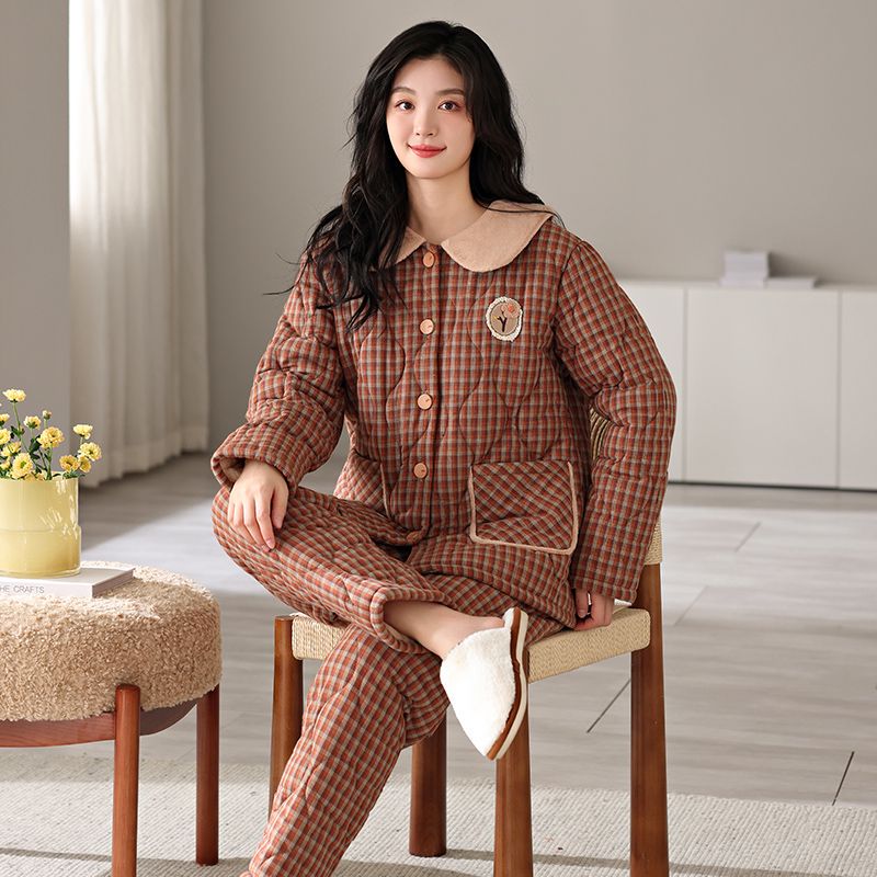 秋冬新款梭织夹棉冬法兰绒三层加厚可外穿家居服(穿零下5-10度）