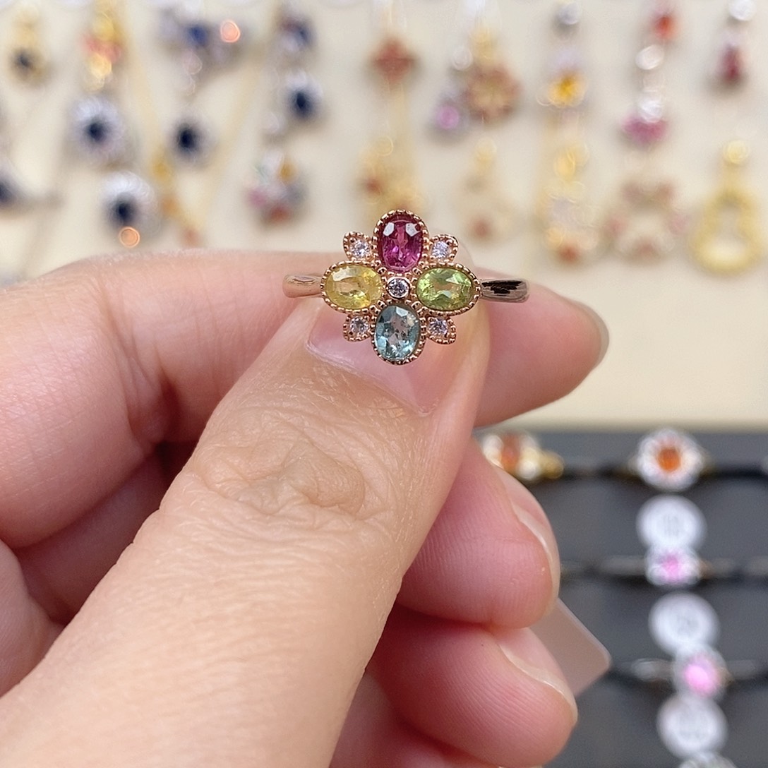 碧玺戒指银S925镶嵌四叶草